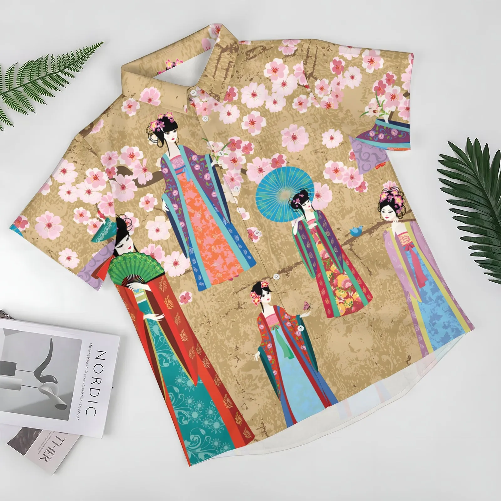 Retro Chinese Style Girl Print Casual Short Sleeve Shirt 2404000877