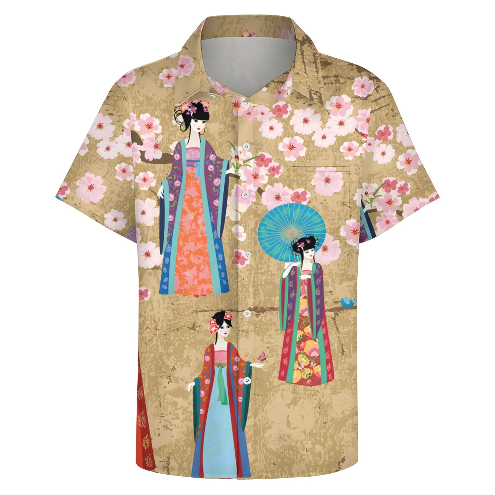 Retro Chinese Style Girl Print Casual Short Sleeve Shirt 2404000877