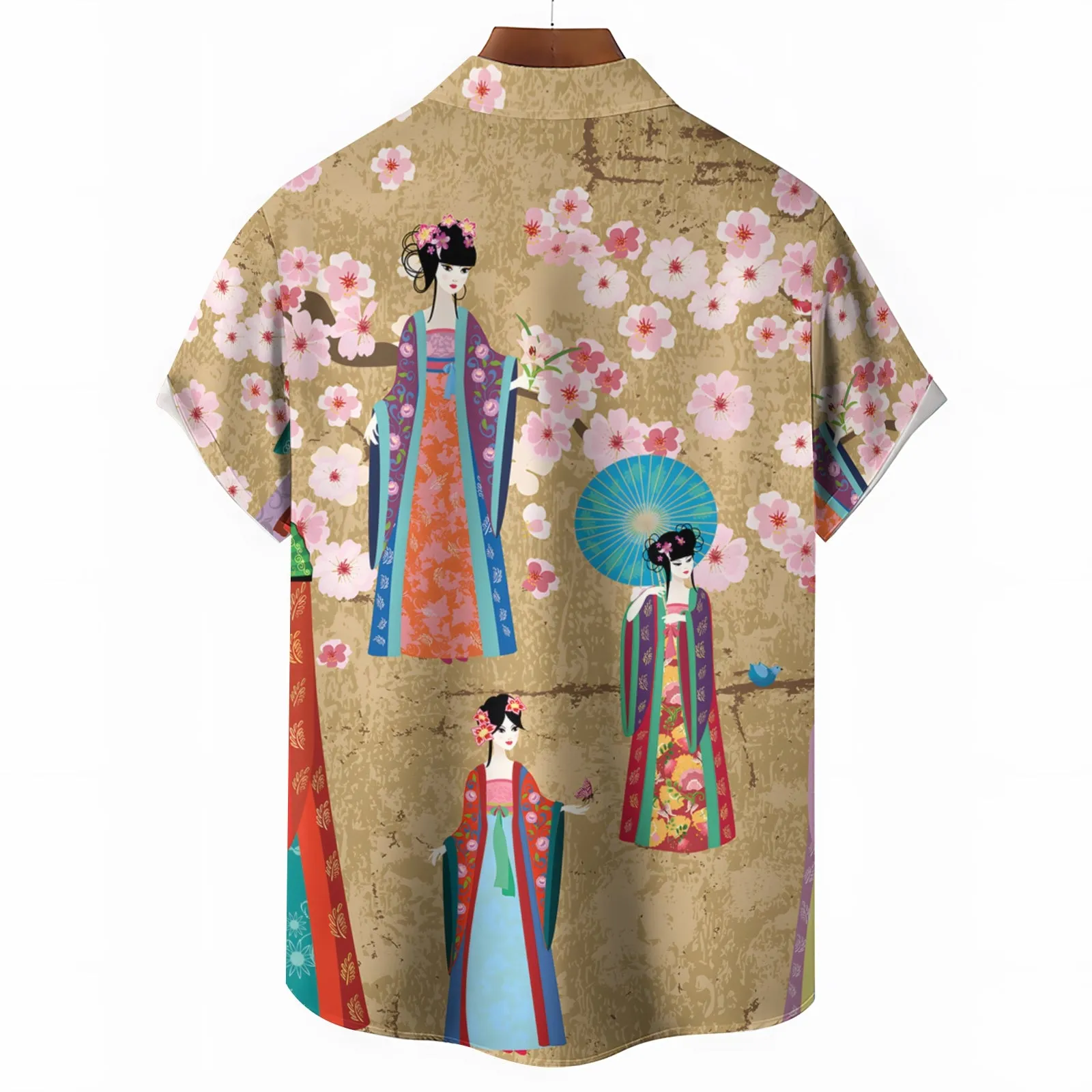Retro Chinese Style Girl Print Casual Short Sleeve Shirt 2404000877