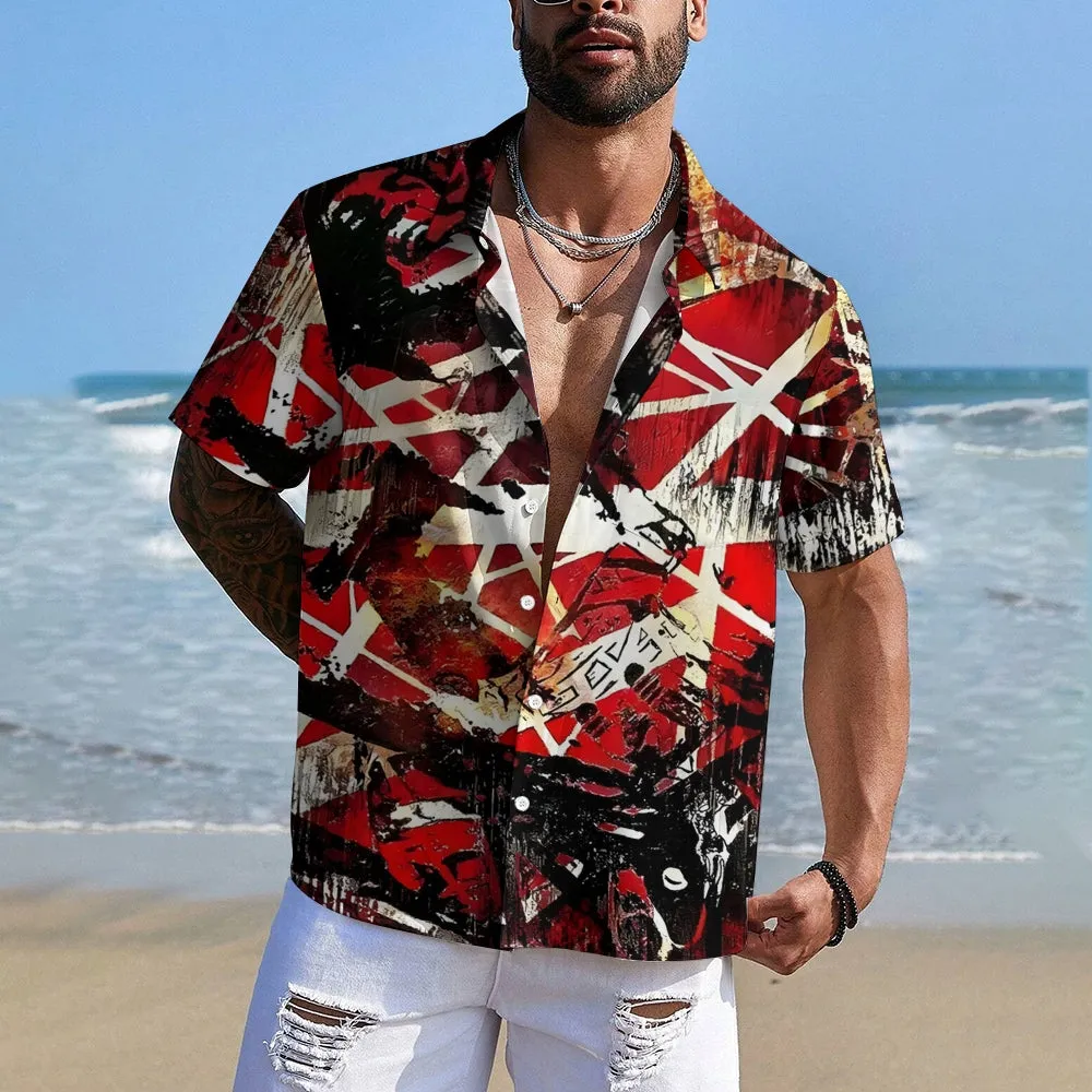 Retro Classic Electric Guitar Frankenstrat Casual Short Sleeve Shirt 2404000707