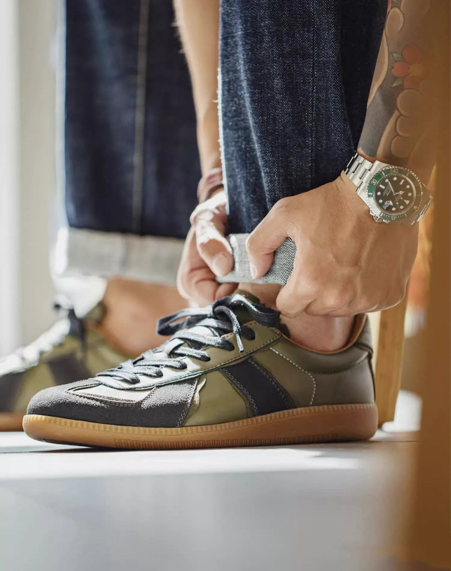 Retro Dexun Low-Cut Olive Green Sheepskin Sports Men's Casual Shoes