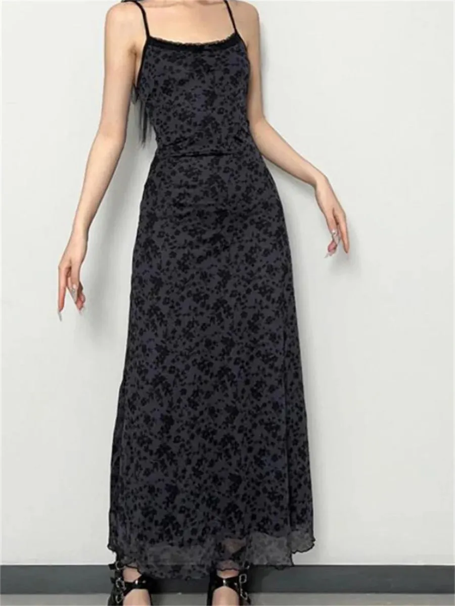 Retro Floral Print Spaghetti Strap Long Dress for Women