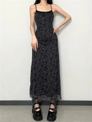 Retro Floral Print Spaghetti Strap Long Dress for Women