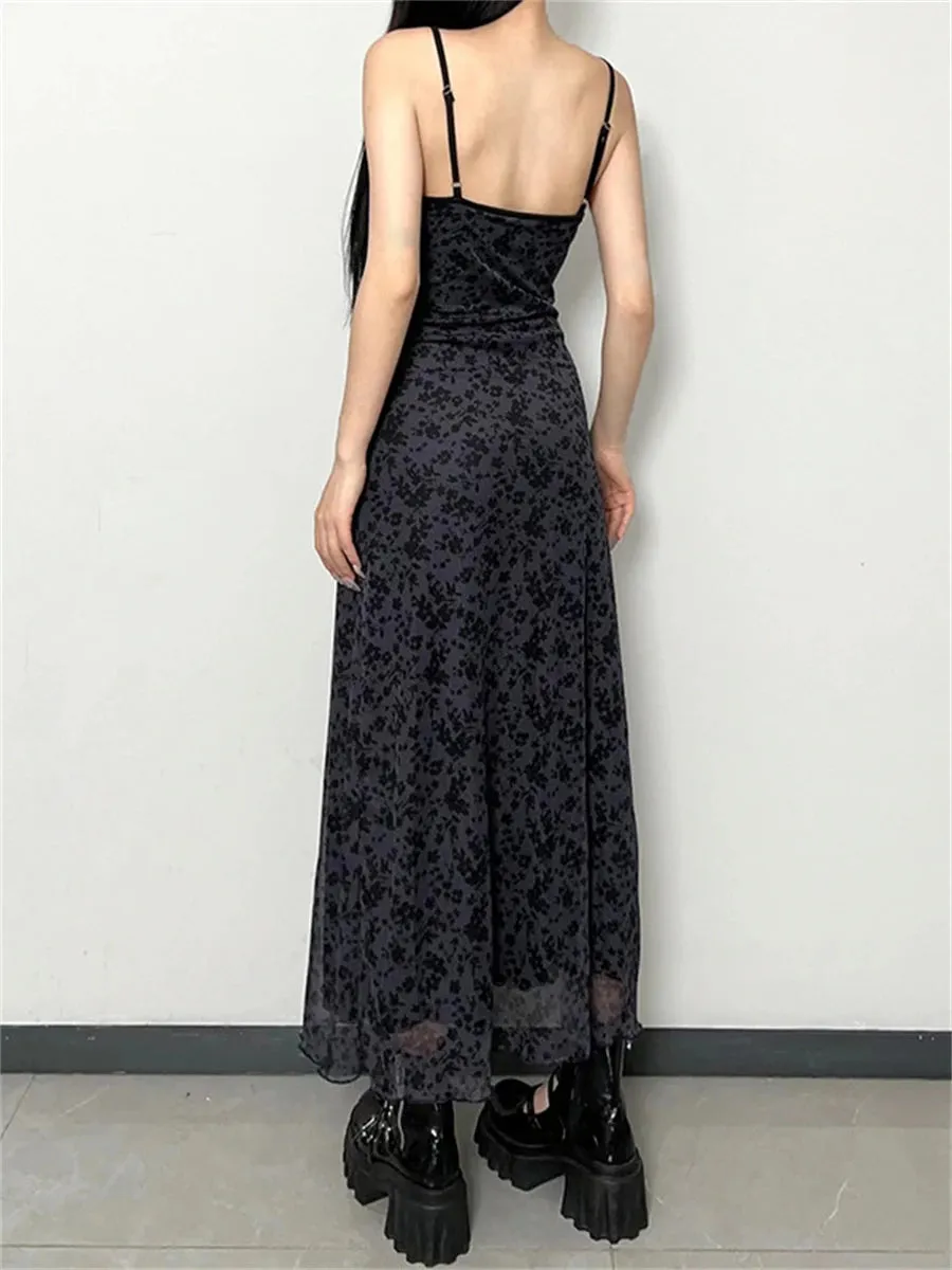 Retro Floral Print Spaghetti Strap Long Dress for Women