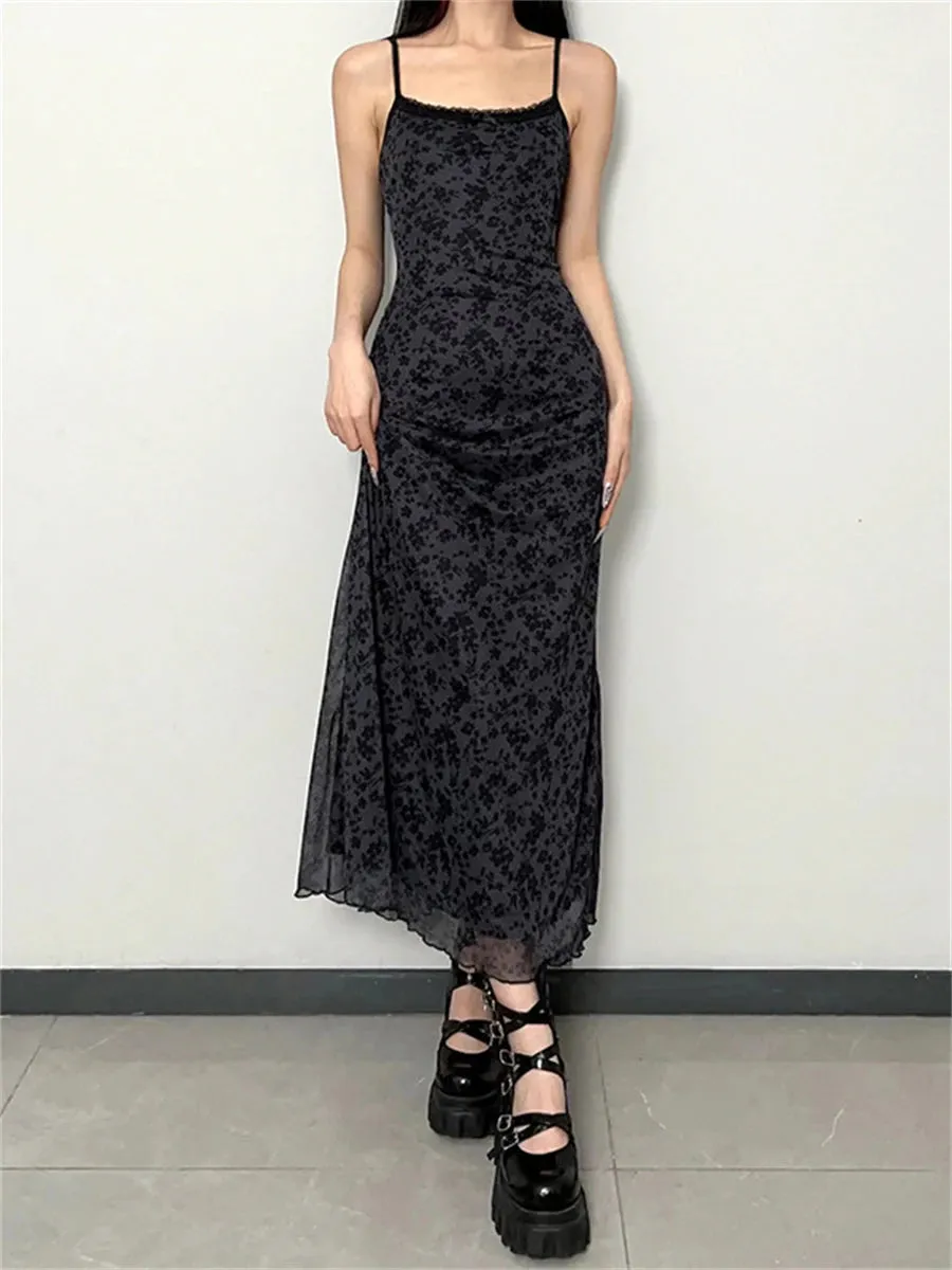 Retro Floral Print Spaghetti Strap Long Dress for Women