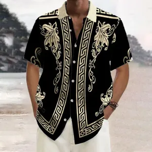 Retro Geometric Gold Floral Print  Casual Vacation Shirt 2406000698