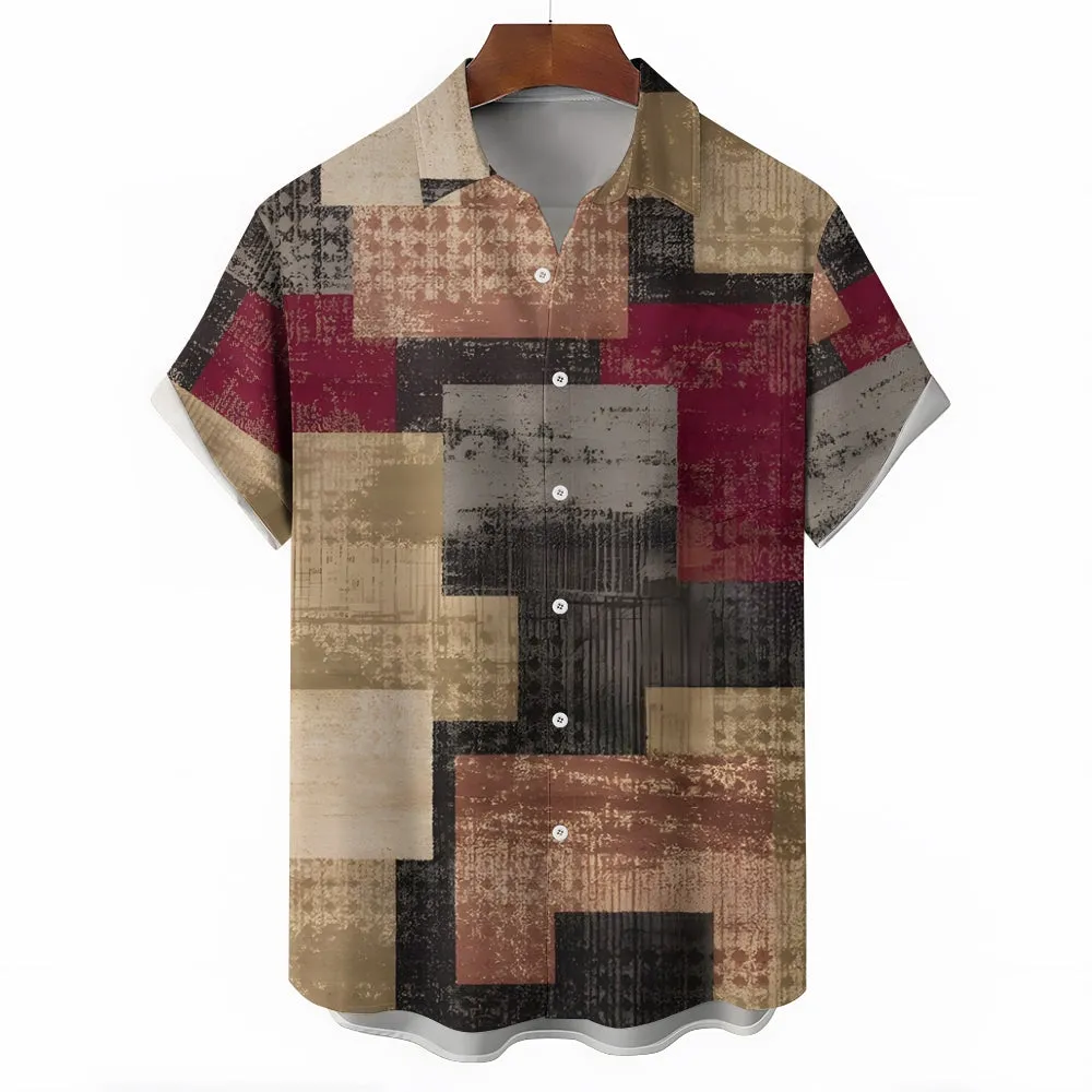 Retro Texture Patchwork Casual Short Sleeve Shirt 2402000133