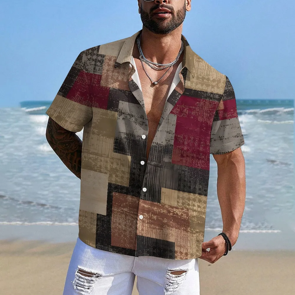 Retro Texture Patchwork Casual Short Sleeve Shirt 2402000133