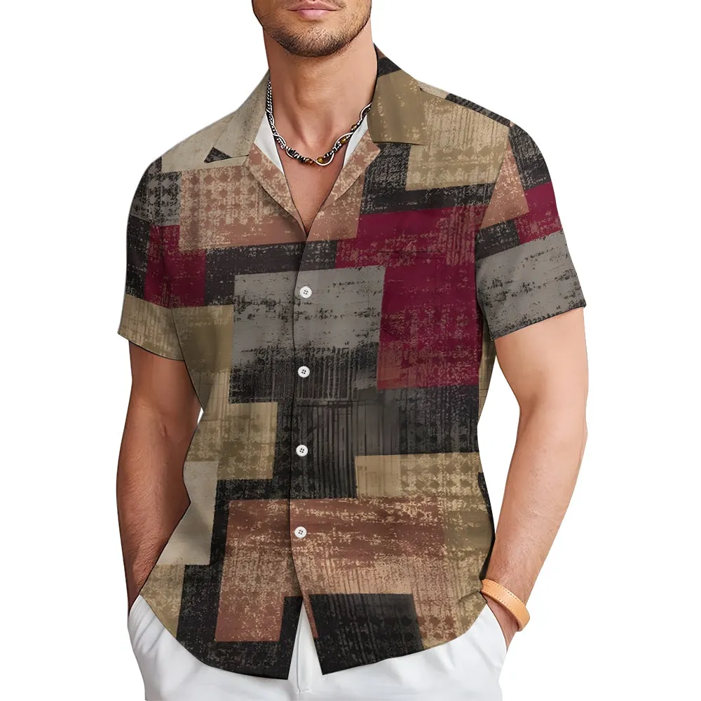 Retro Texture Patchwork Casual Short Sleeve Shirt 2402000133