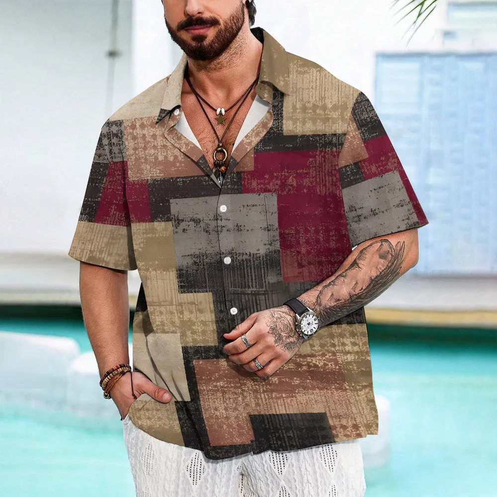 Retro Texture Patchwork Casual Short Sleeve Shirt 2402000133