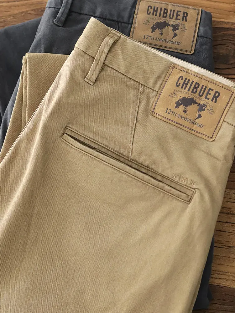 Retro Twill Amekaji Chino Pants - Men's 97% Cotton Washed Old Slim Straight Elastic Business Casual Pants