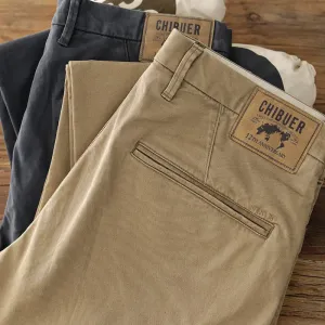 Retro Twill Amekaji Chino Pants - Men's 97% Cotton Washed Old Slim Straight Elastic Business Casual Pants