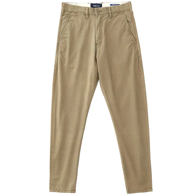 Retro Twill Amekaji Chino Pants - Men's 97% Cotton Washed Old Slim Straight Elastic Business Casual Pants