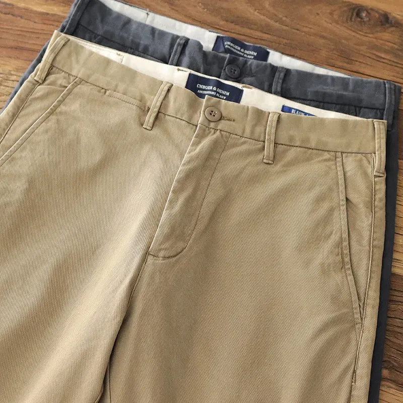 Retro Twill Amekaji Chino Pants - Men's 97% Cotton Washed Old Slim Straight Elastic Business Casual Pants