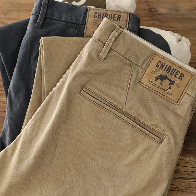Retro Twill Amekaji Chino Pants - Men's 97% Cotton Washed Old Slim Straight Elastic Business Casual Pants