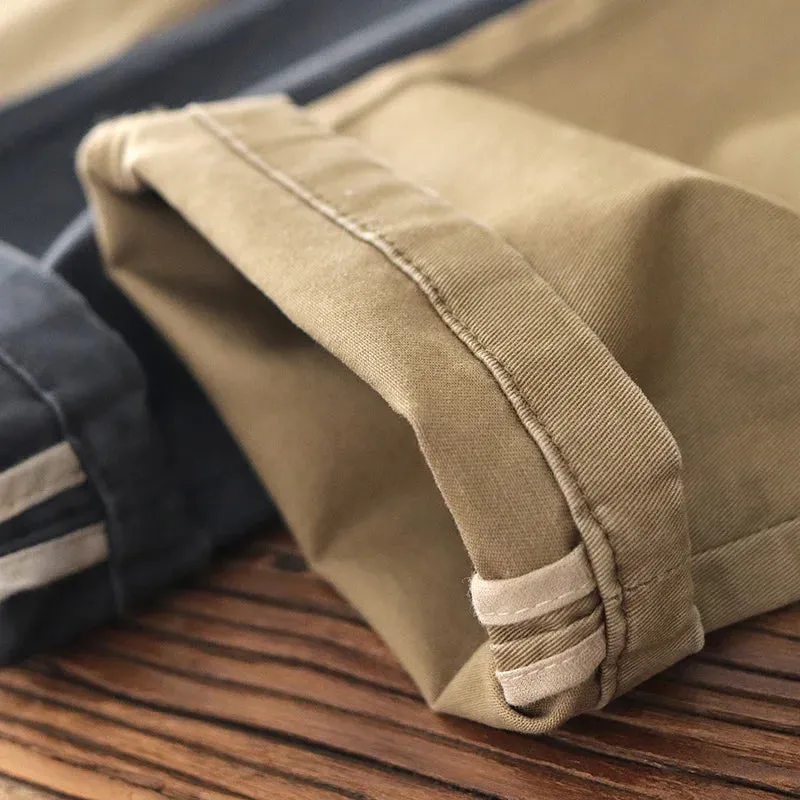 Retro Twill Amekaji Chino Pants - Men's 97% Cotton Washed Old Slim Straight Elastic Business Casual Pants
