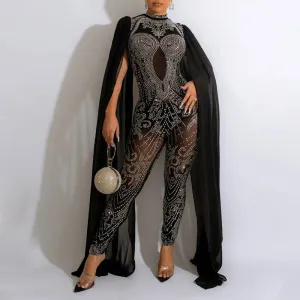 Rhinestone Cape Sleeve Sheer Mesh Jumpsuit