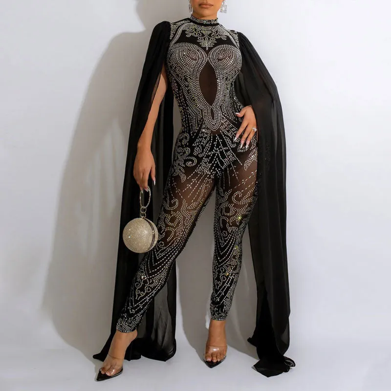 Rhinestone Cape Sleeve Sheer Mesh Jumpsuit