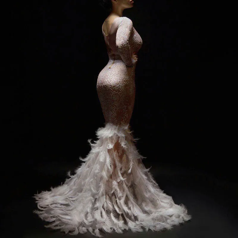Rhinestone Long Sleeve Sheer Mesh Feather Design Floor-Length Evening Dress