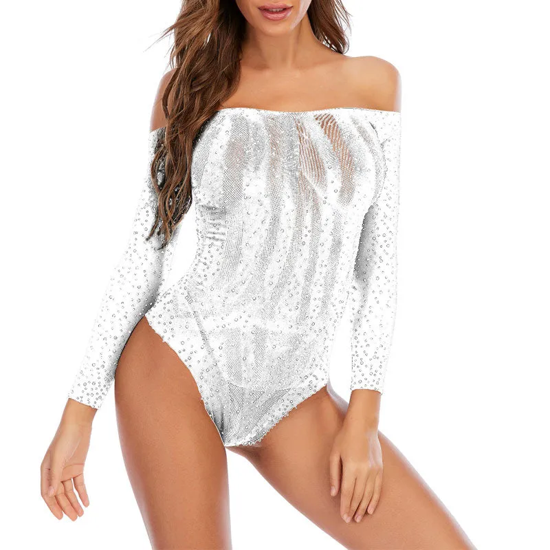 Rhinestone Off Shoulder Long Sleeve Sheer Mesh Bodysuit