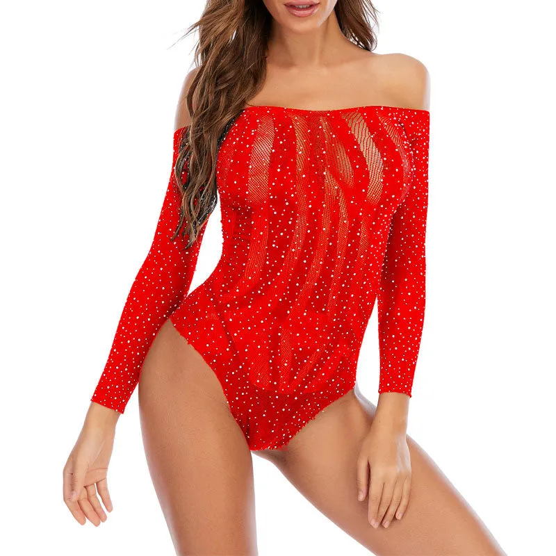 Rhinestone Off Shoulder Long Sleeve Sheer Mesh Bodysuit