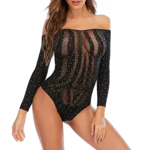 Rhinestone Off Shoulder Long Sleeve Sheer Mesh Bodysuit