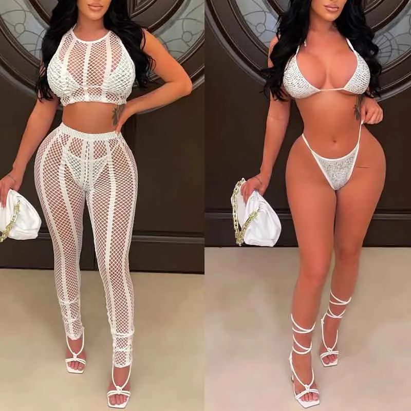 Rhinestone Sheer Mesh 4PCS Pants Set