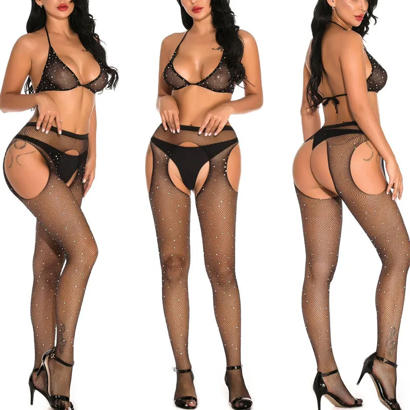 Rhinestone Sheer Mesh Lace Trim Stockings