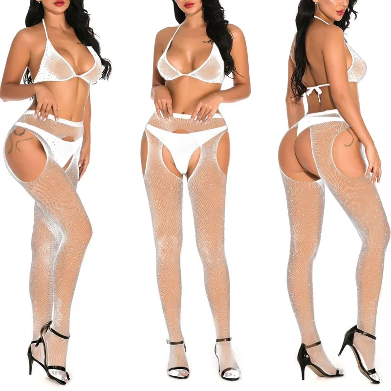 Rhinestone Sheer Mesh Lace Trim Stockings