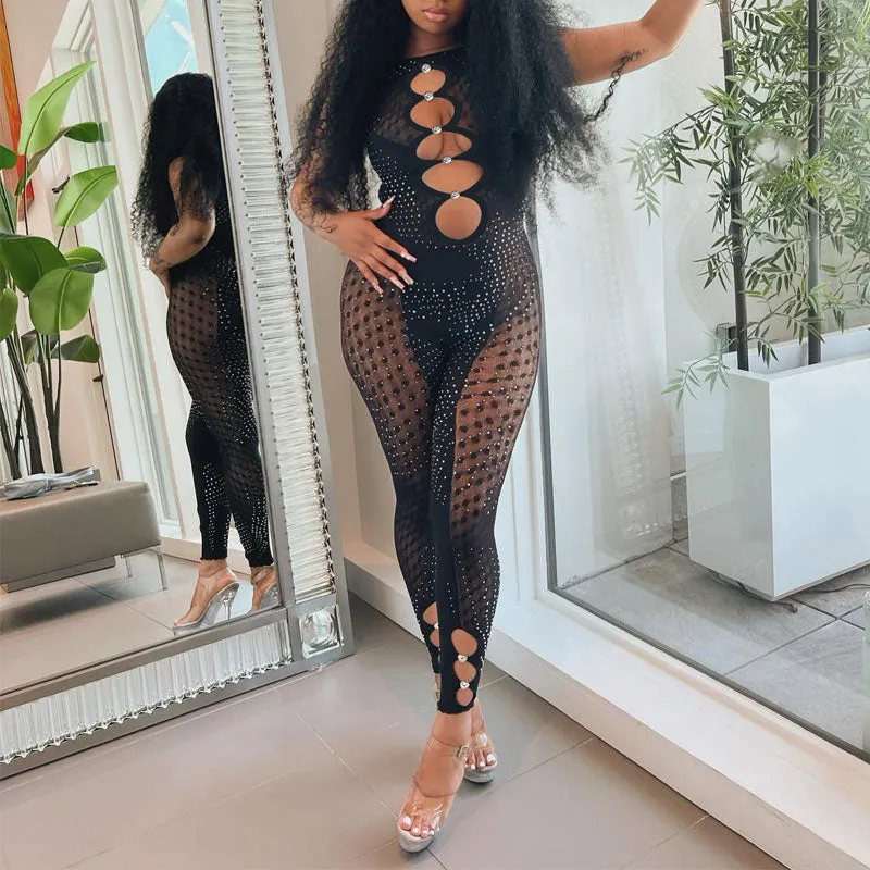 Rhinestone Sleeveless Cut Out Sheer Mesh Jumpsuit