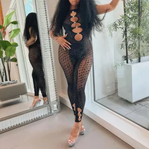 Rhinestone Sleeveless Cut Out Sheer Mesh Jumpsuit