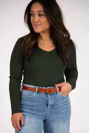 Ribbed V-neck Long Sleeve Bodysuit | Evergreen
