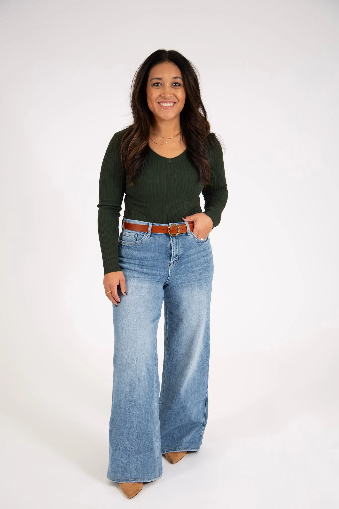Ribbed V-neck Long Sleeve Bodysuit | Evergreen