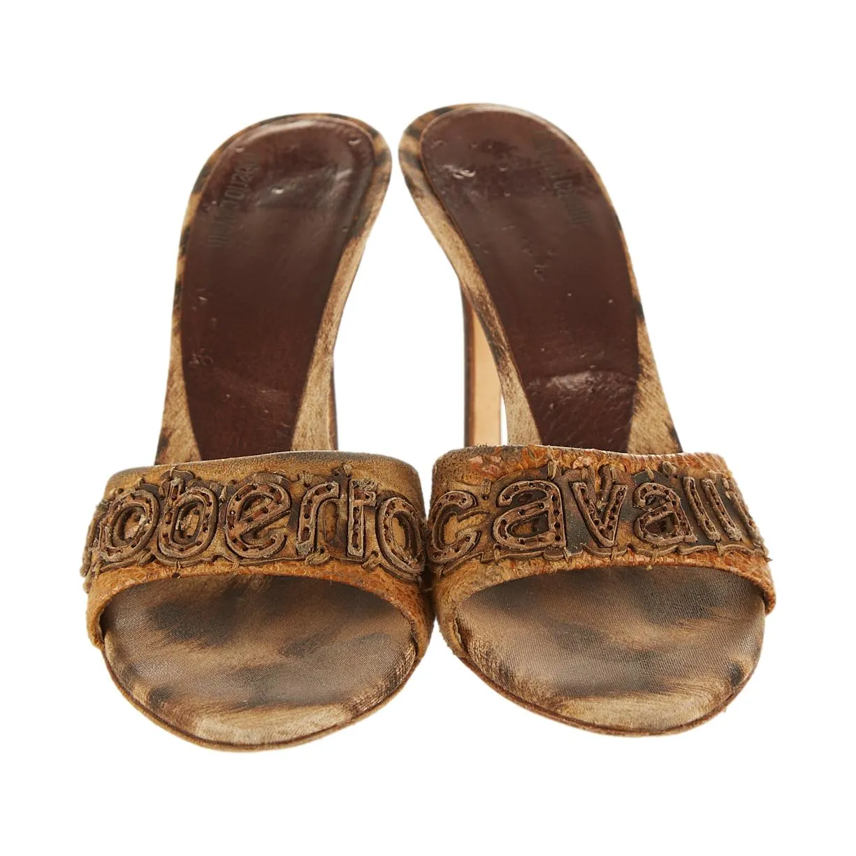 Roberto Cavalli Brown Cheetah Print Logo Heels