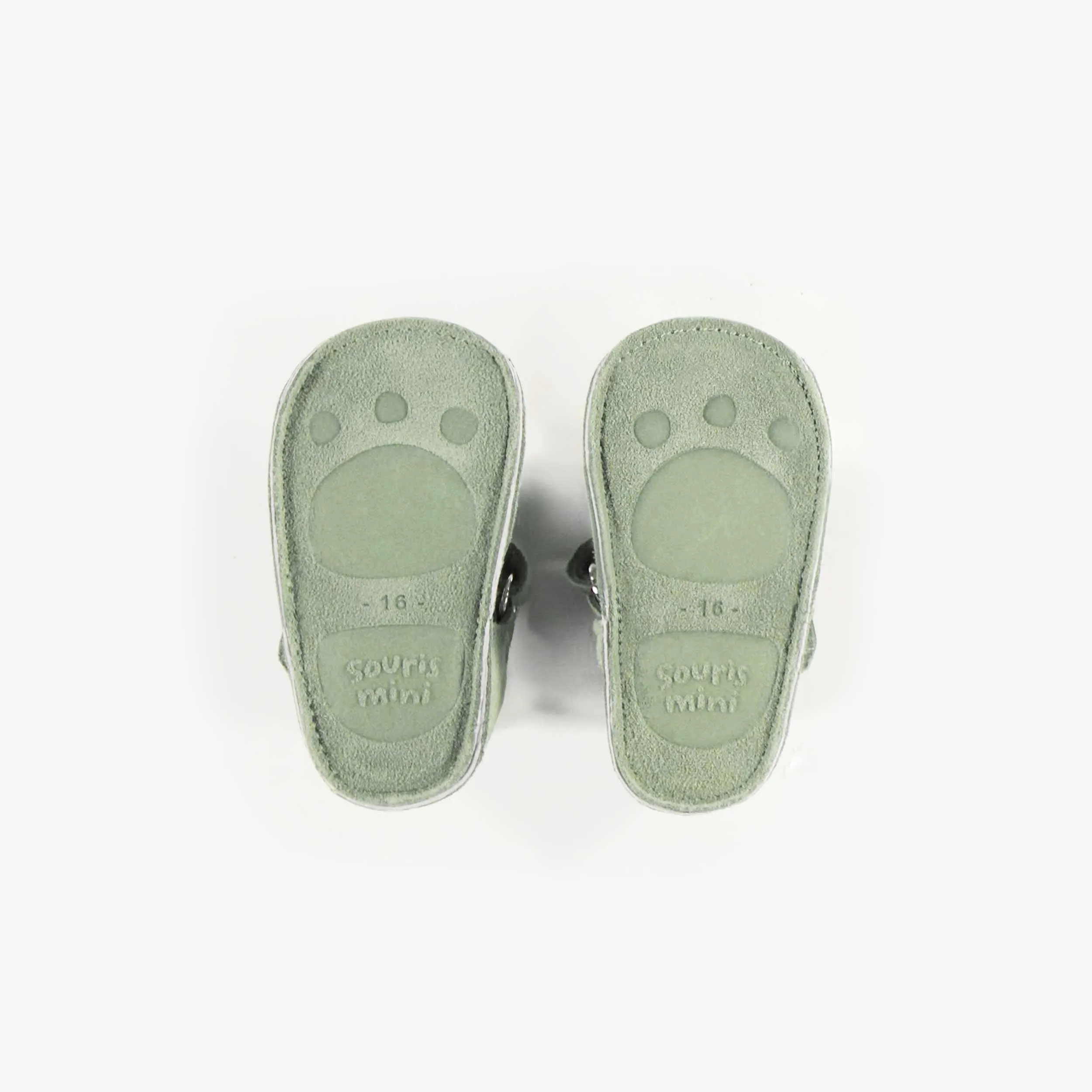 Sandales vert pâle à semelle souple en suède, naissance || Pale green sandals with soft sole in suede, newborn