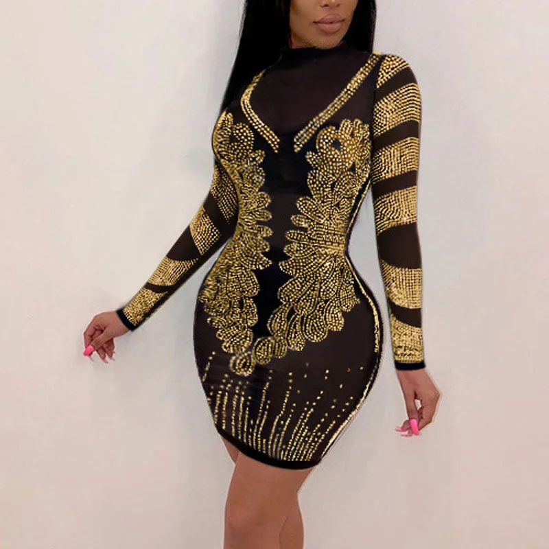 Sequins Sheer Mesh Patchwork Bodycon Party Dress