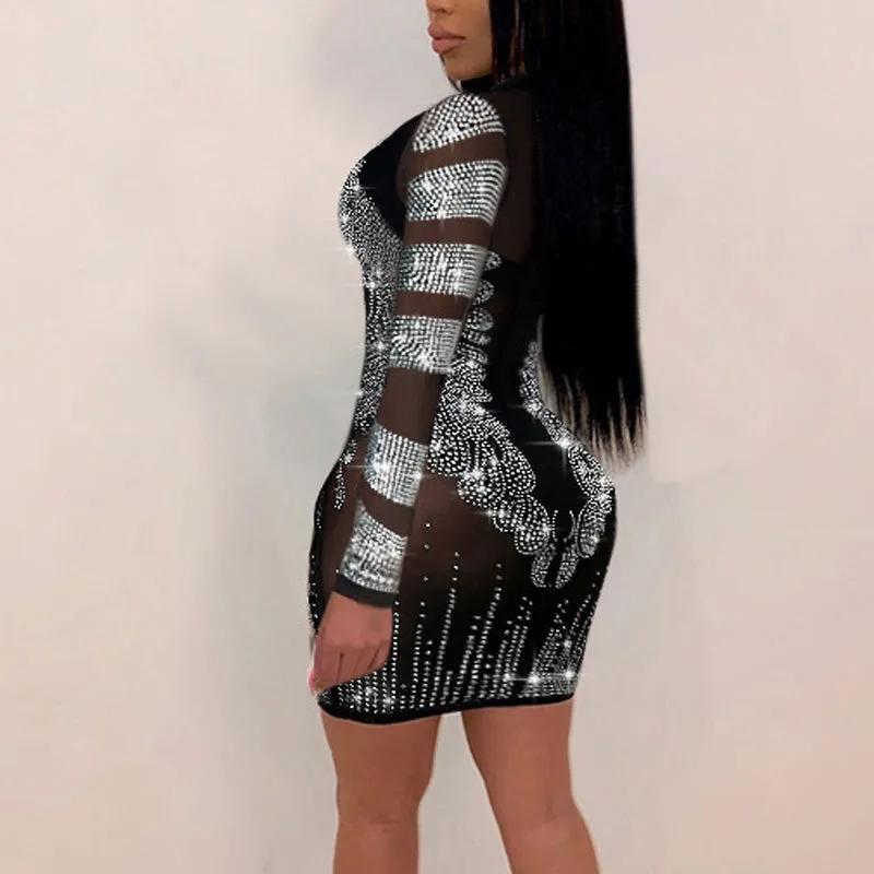 Sequins Sheer Mesh Patchwork Bodycon Party Dress
