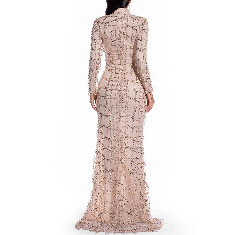 Sequins Turtleneck Long Sleeve Sheer Mesh Patchwork High Slit Maxi Dress