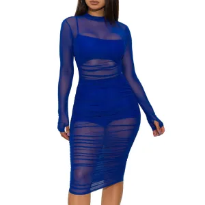 Sexy Sheer Mesh Long Sleeve Dress & Top & Pants Set