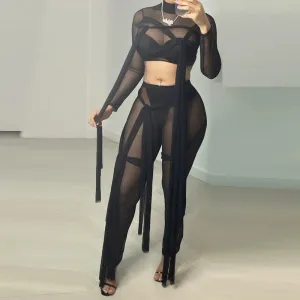Sheer Mesh Long Sleeve Crop Top & Pant Set
