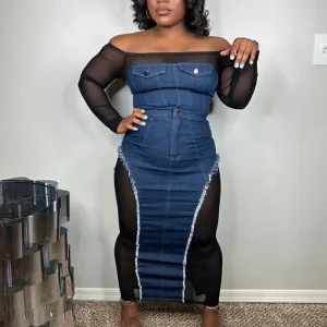 Sheer Mesh Off Shoulder Denim Maxi Dress