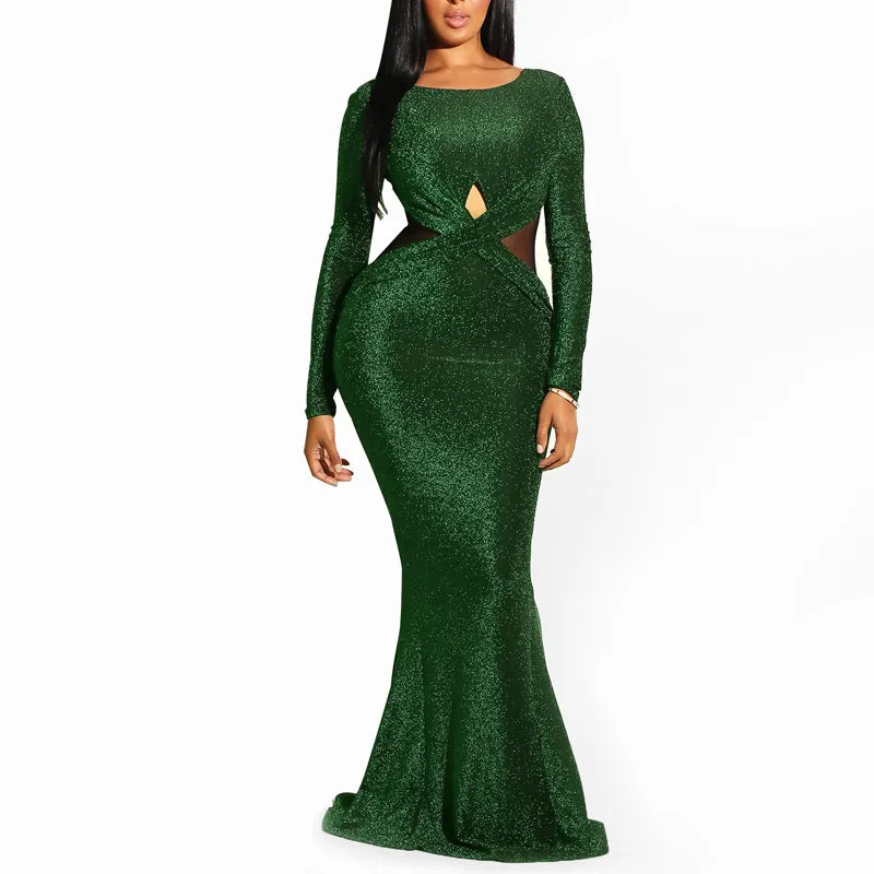 Sheer Mesh Patchwork Cutout Backless Long Sleeve Maxi Party Evening Dress
