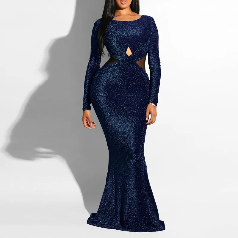 Sheer Mesh Patchwork Cutout Backless Long Sleeve Maxi Party Evening Dress