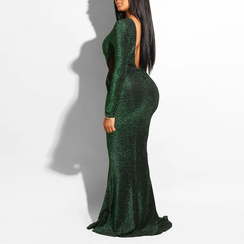Sheer Mesh Patchwork Cutout Backless Long Sleeve Maxi Party Evening Dress