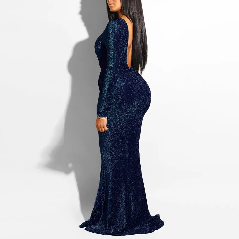Sheer Mesh Patchwork Cutout Backless Long Sleeve Maxi Party Evening Dress