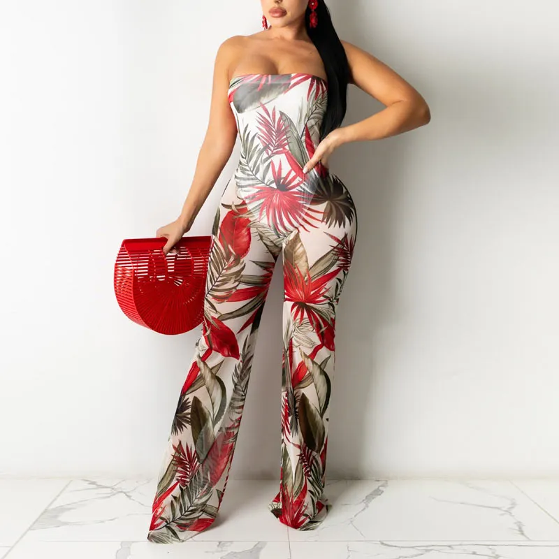 Sheer Mesh Print Off Shoulder Wide Leg Jumpsuit