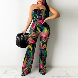 Sheer Mesh Print Off Shoulder Wide Leg Jumpsuit