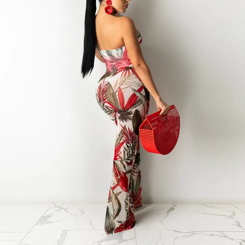 Sheer Mesh Print Off Shoulder Wide Leg Jumpsuit