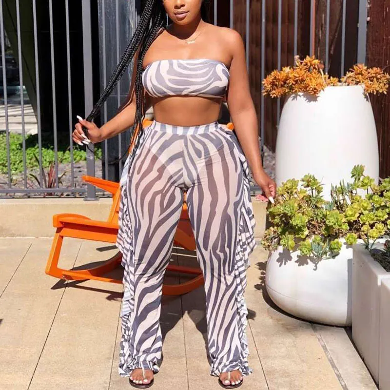 Sheer Mesh Ruffles Zebra Print 2 PCS Set