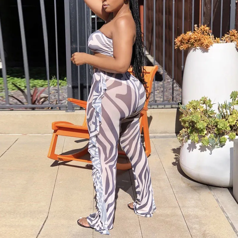 Sheer Mesh Ruffles Zebra Print 2 PCS Set